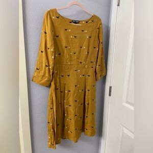 Pretty Vacant Mustard Yellow Cat-Print Midi Dress with Button Waist